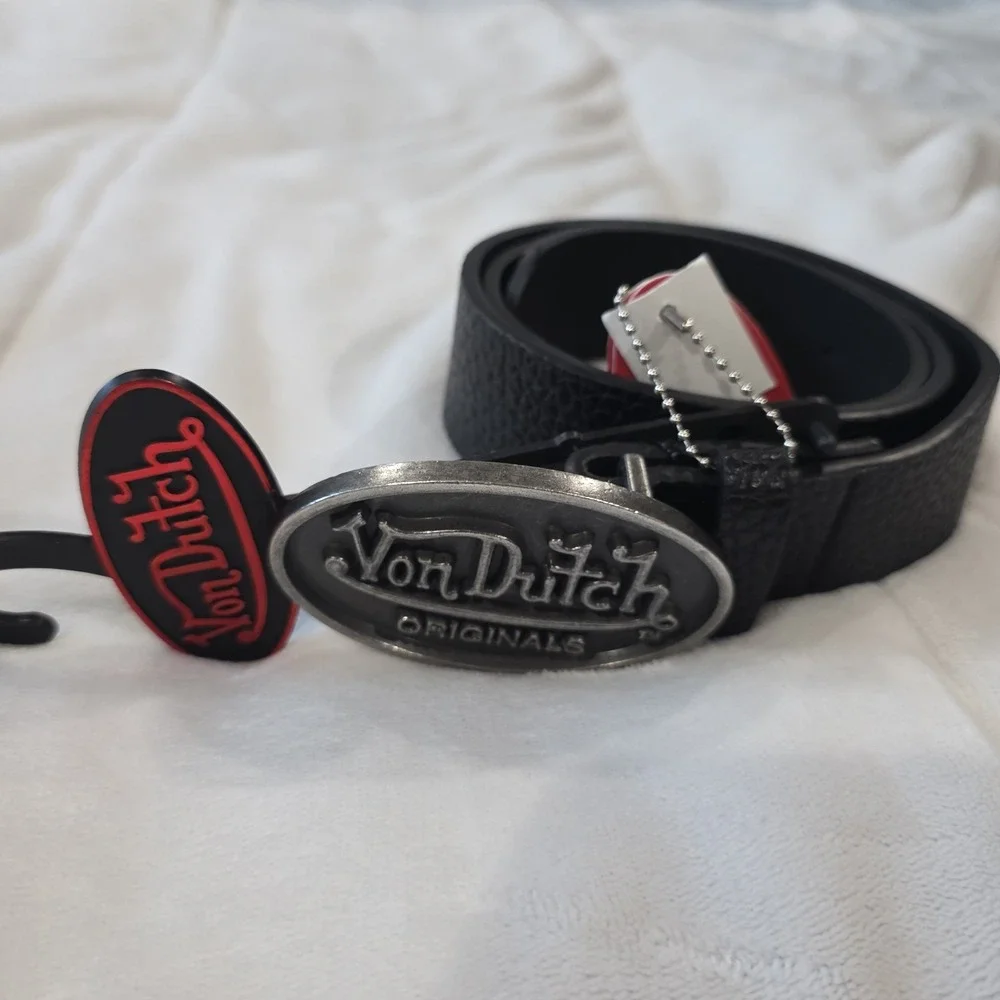 Von Dutch Men Black Textured Belt Matte Silver Buckle Y2K Nostalgia Staple Sz 30